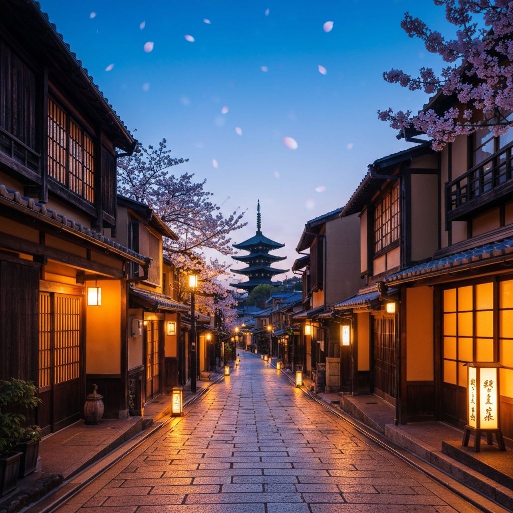 Traditional Kyoto street at dusk with machiya townhouses